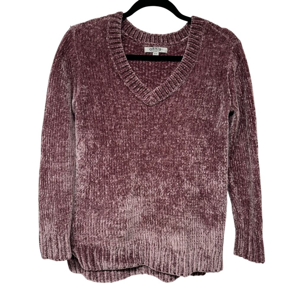 Orvis Womens Chenille Dusty Rose Pink V Neck Pullover Sweater Size Small Cozy